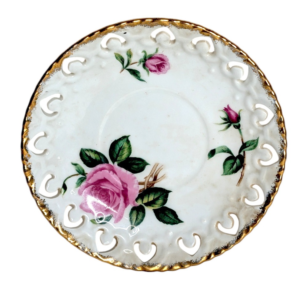 Cherry‎ China Reticulated Heart Saucer Pink Rose Gold Trim Made in Japan Vtg